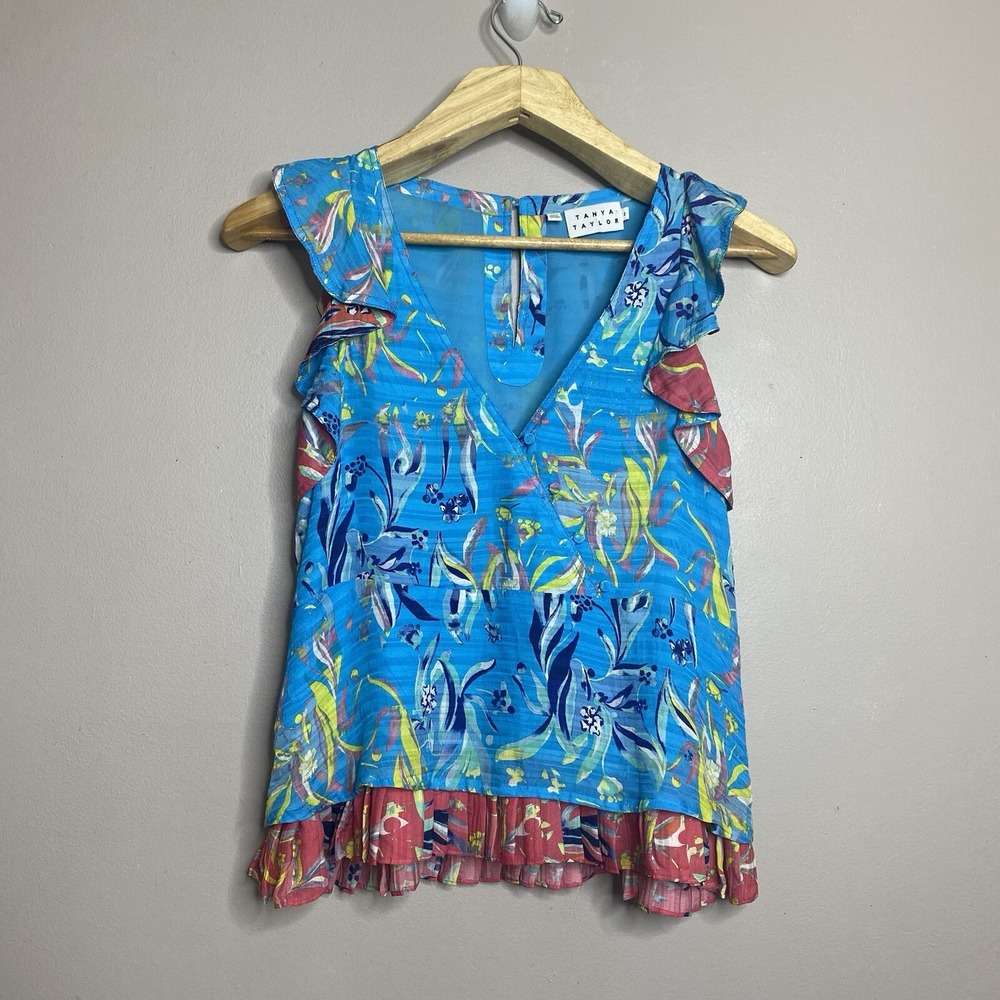 Tanya‎ Taylor Womens Mila Sleeveless Blue Floral 100% Silk Ruffles Top Size 2